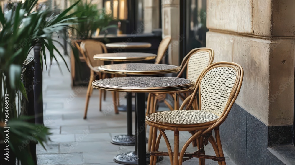 Urban Outdoor Cafe Ambiance: Intimate Setting with Small Tables and Chairs on a Sidewalk Terrace Urban Outdoor Cafe Ambiance: Intimate Setting with Small Tables and Chairs on a Sidewalk Terrace