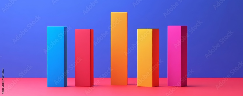 Five colorful blocks stand on a pink surface against a blue background. Five colorful blocks stand on a pink surface against a blue background.