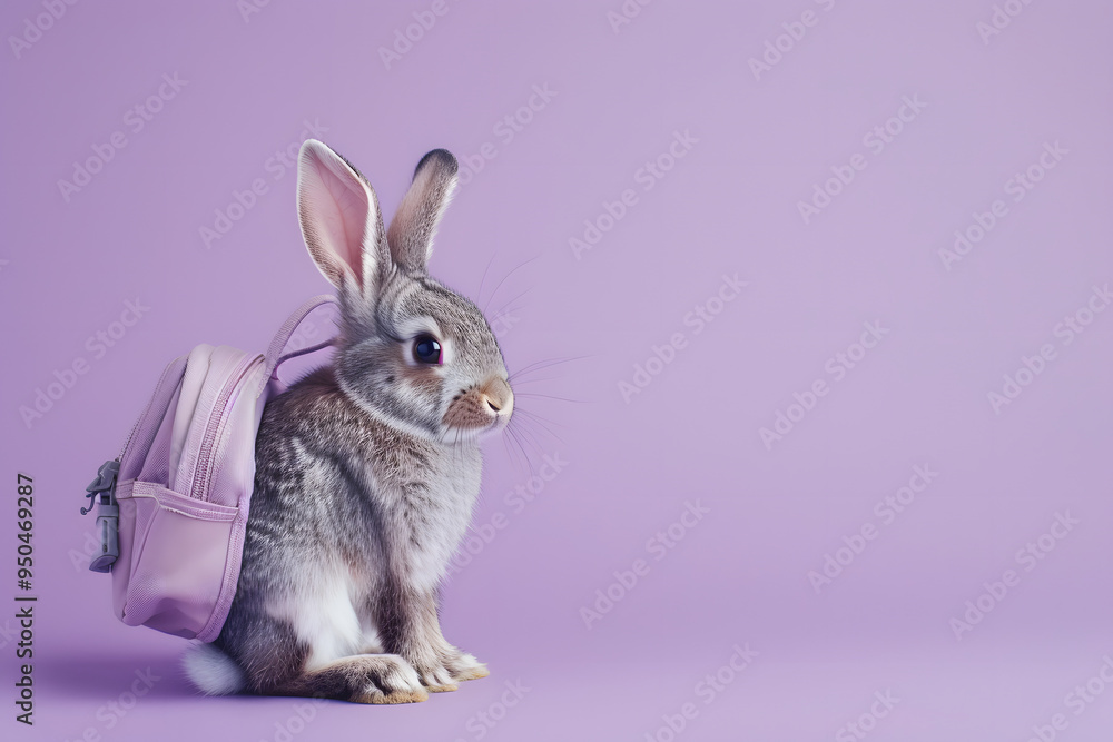 Fototapeta premium Bunny rabbit with backpack on purple background.