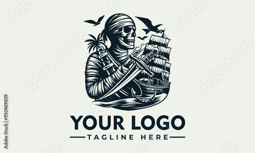 Mummy holding a dagger vector logo with a pirate ship in the background. Suitable for Halloweenthemed designs, books, or spooky content creation.