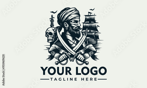 Mummy holding a dagger vector logo with a pirate ship in the background. Suitable for Halloweenthemed designs, books, or spooky content creation.