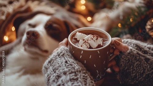 Enjoying a cozy evening with hot chocolate and a loyal dog by the warm glow of string lights photo