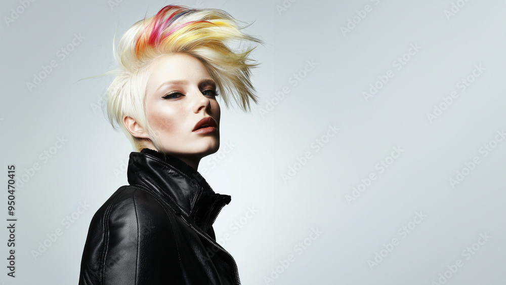 Porträt einer jungen blonden Frau mit regenbogenfarbenen Haarsträhnen. Fröhlicher Ausdruck, buntes Styling. Beauty, Jugendkultur, Individualität Porträt einer jungen blonden Frau mit regenbogenfarbenen Haarsträhnen. Fröhlicher Ausdruck, buntes Styling. Beauty, Jugendkultur, Individualität