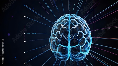 Low Poly Brain, Artificial Intelligence Concept, Symbol of Wisdom, Abstract Vector Image of Human Brain, Low Polygonal Wireframe, Blue Illustration on Dark Background, Lines and Dots