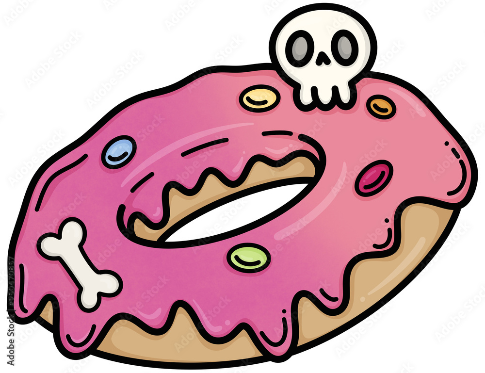 Halloween Style Donut with Bone and Skull Illustration