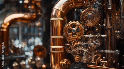 Steampunk-inspired workshop gears brass instruments intricate machinery vintage industrial copper tones