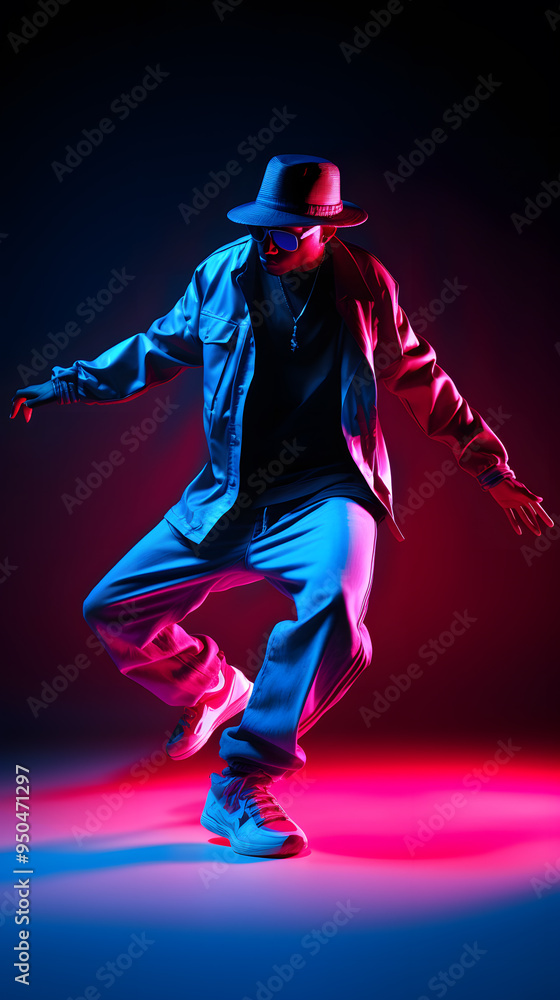 Man in bright clothes dancing hip-hop isolated on dark background in mixed neon light Man in bright clothes dancing hip-hop isolated on dark background in mixed neon light