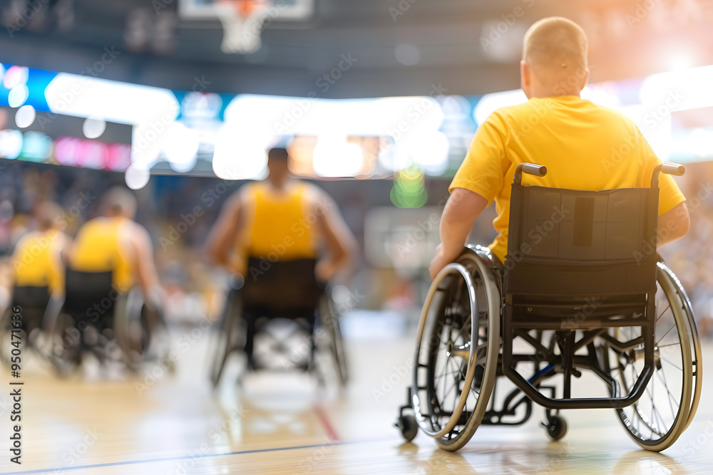 Wheelchair Basketball Game Court: Active Professional Player Dribbling Ball, Prepairing to Shoot and Score a Goal. Determination, Inspiration, and Skill of a People Wheelchair Basketball Game Court: Active Professional Player Dribbling Ball, Prepairing to Shoot and Score a Goal. Determination, Inspiration, and Skill of a People
