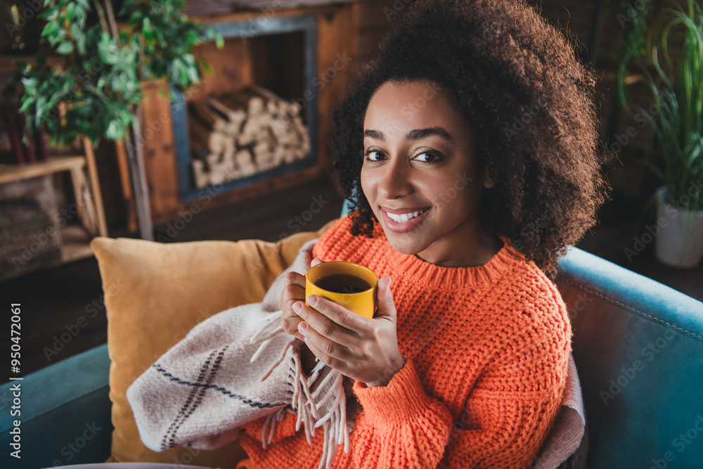 Photo of shiny cute girl dressed orange pullover enjoiyng tea staying home indoors house apartment room Photo of shiny cute girl dressed orange pullover enjoiyng tea staying home indoors house apartment room