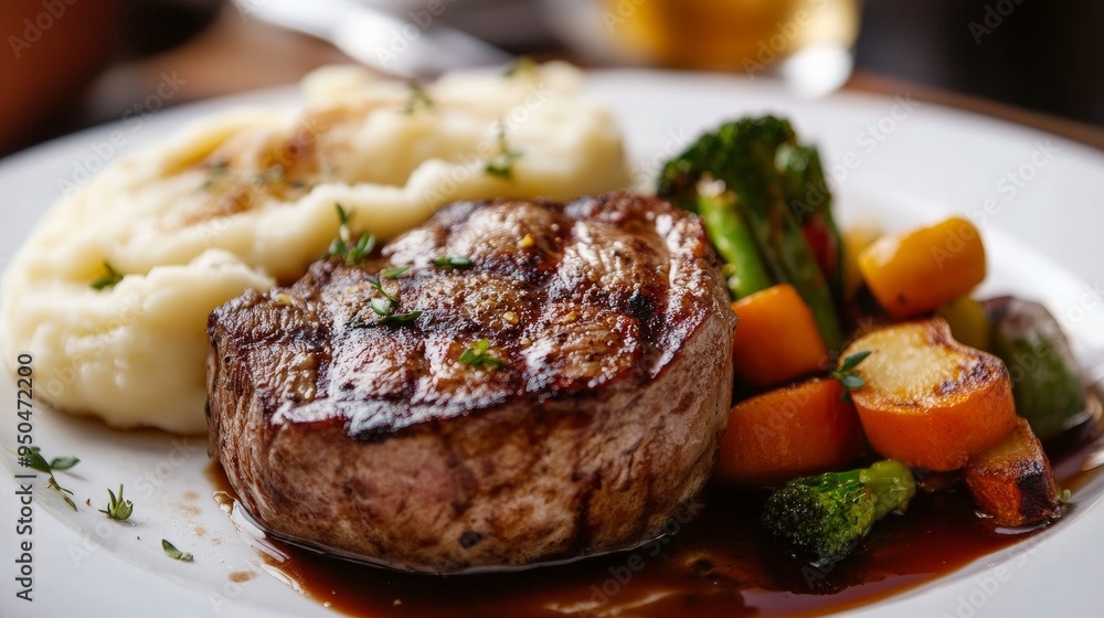 a plate of meat served with vegetables and mashed potatoes on the side. The veggies are roasted, and the meat is expertly prepared and seasoned. a plate of meat served with vegetables and mashed potatoes on the side. The veggies are roasted, and the meat is expertly prepared and seasoned.