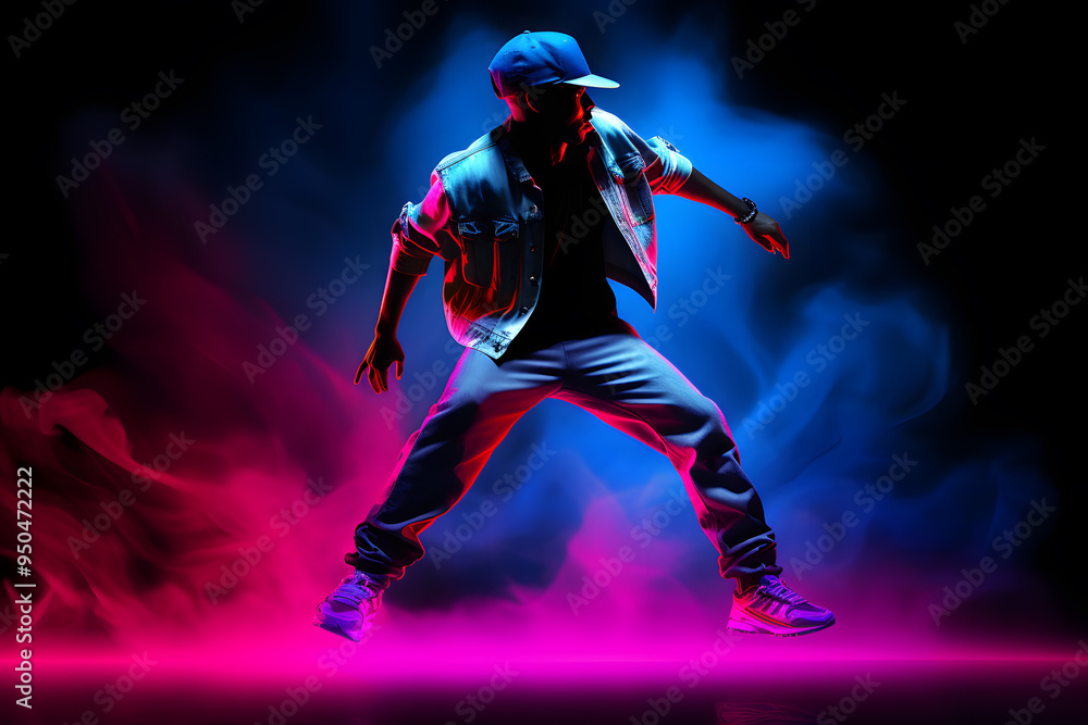 Man in bright clothes dancing hip-hop isolated on dark background in mixed neon light Man in bright clothes dancing hip-hop isolated on dark background in mixed neon light