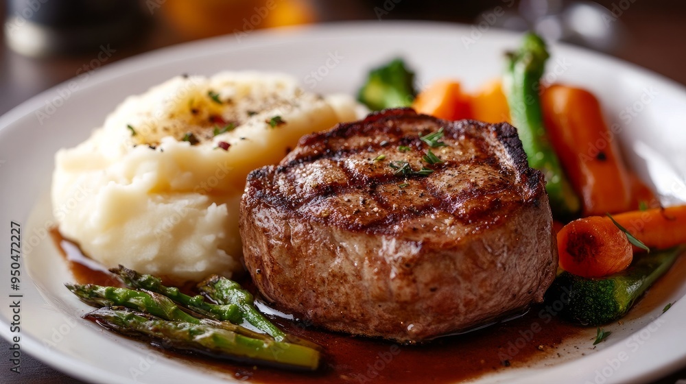 a plate of meat served with vegetables and mashed potatoes on the side. The veggies are roasted, and the meat is expertly prepared and seasoned. a plate of meat served with vegetables and mashed potatoes on the side. The veggies are roasted, and the meat is expertly prepared and seasoned.