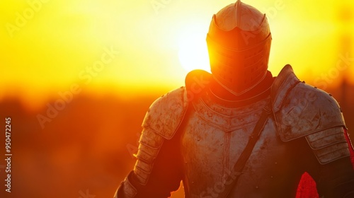 Silhouetted medieval knight in armor standing against a vibrant sunset background, evoking a sense of nostalgia and historical adventure. photo