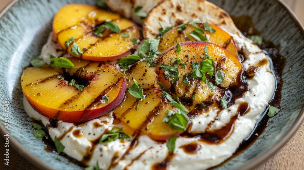 A dish of freshly roasted peaches, pitta slices, and whipped ricotta topped with herbs and a balsamic drizzle A dish of freshly roasted peaches, pitta slices, and whipped ricotta topped with herbs and a balsamic drizzle