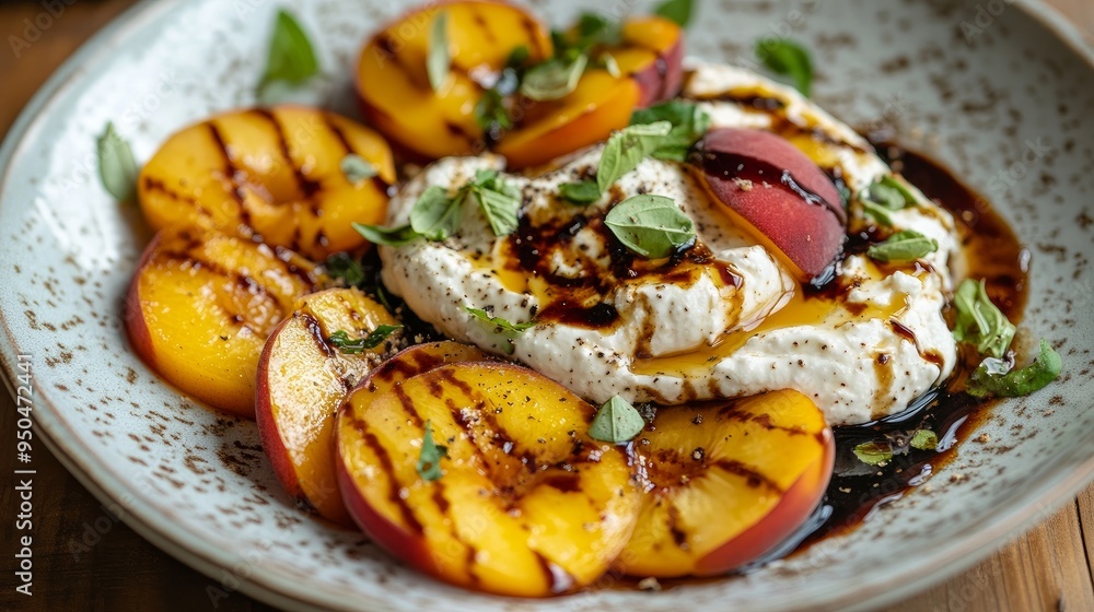 A dish of freshly roasted peaches, pitta slices, and whipped ricotta topped with herbs and a balsamic drizzle A dish of freshly roasted peaches, pitta slices, and whipped ricotta topped with herbs and a balsamic drizzle