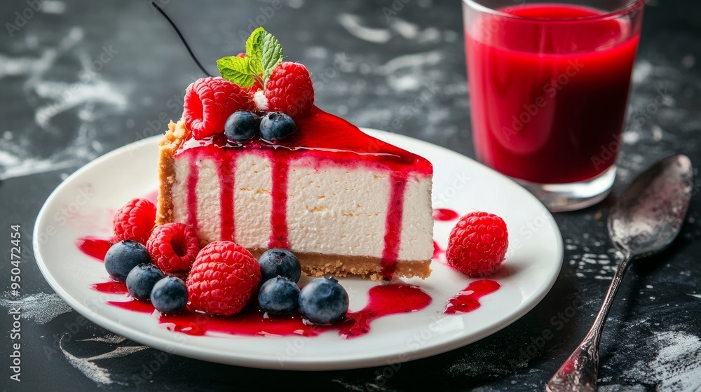 a white plate topped with a slice of cheesecake topped with raspberries, blueberries, and strawberries. Adjacent to the plate is a glass of red juice. a white plate topped with a slice of cheesecake topped with raspberries, blueberries, and strawberries. Adjacent to the plate is a glass of red juice.