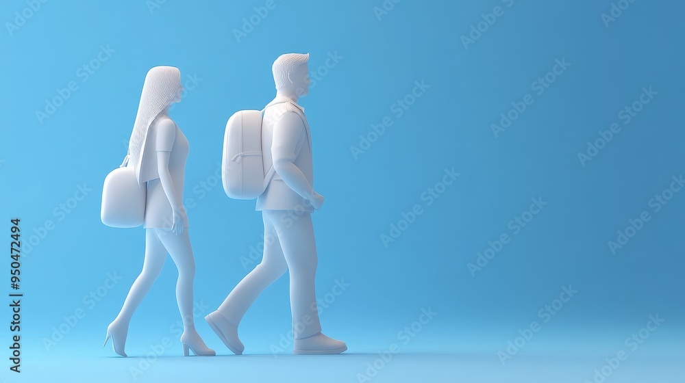 Two stylized figures, a man and woman, walk side-by-side on a blue background. They both wear backpacks and are facing the same direction. Two stylized figures, a man and woman, walk side-by-side on a blue background. They both wear backpacks and are facing the same direction.