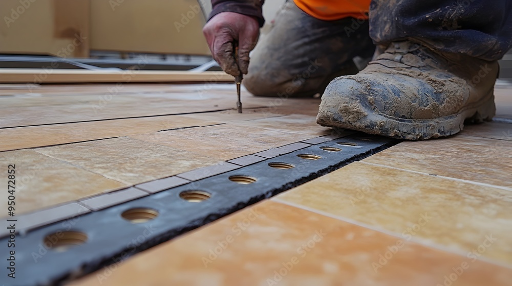 Professional worker meticulously placing tile spacers to ensure even gaps and a tile installation in a residential or commercial building project Professional worker meticulously placing tile spacers to ensure even gaps and a tile installation in a residential or commercial building project