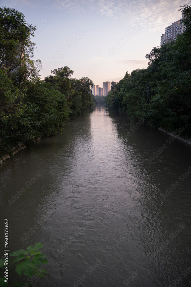 sunset by the river in the city of Chengdu in China sunset by the river in the city of Chengdu in China