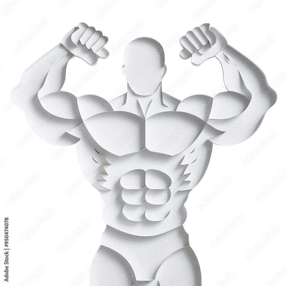 Abstract white cutout illustration of a muscular bodybuilder flexing both arms, demonstrating strength and fitness. Abstract white cutout illustration of a muscular bodybuilder flexing both arms, demonstrating strength and fitness.