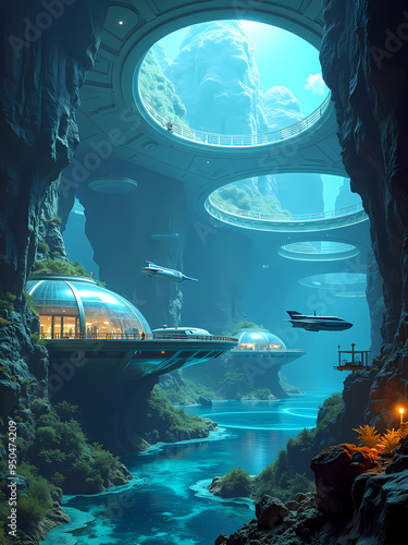 Underwater Cyber City with Bioluminescent Sea Creatures and Advanced Submarines photo