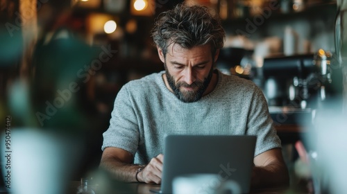 A man with graying hair is deeply focused on his laptop in a rustic café setting, with a warm and cozy atmosphere, representing productivity and concentration.