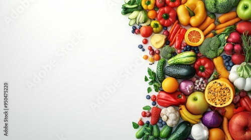 A vibrant assortment of fresh fruits and vegetables arranged on a white background, leaving copy space.
