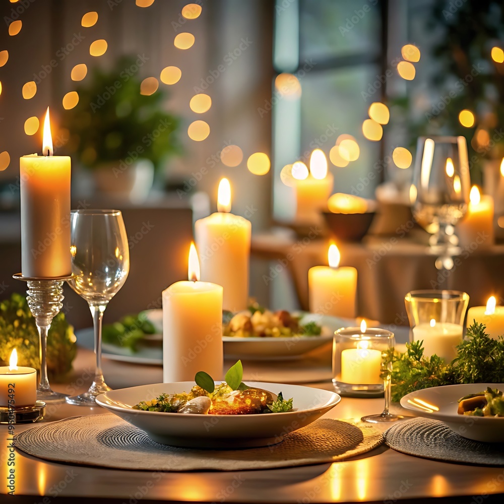 A Christmas dinning tables with decorations and lights A Christmas dinning tables with decorations and lights