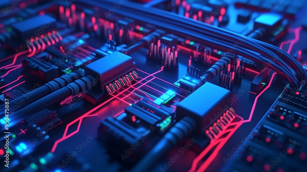 Abstract futuristic circuit board with glowing red and blue lines.