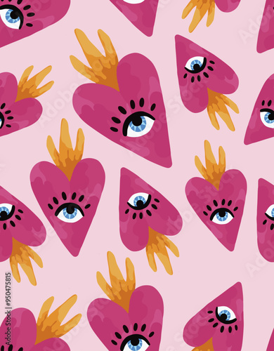 corazon con ojo abstracto y tierno sobre fondo rosa