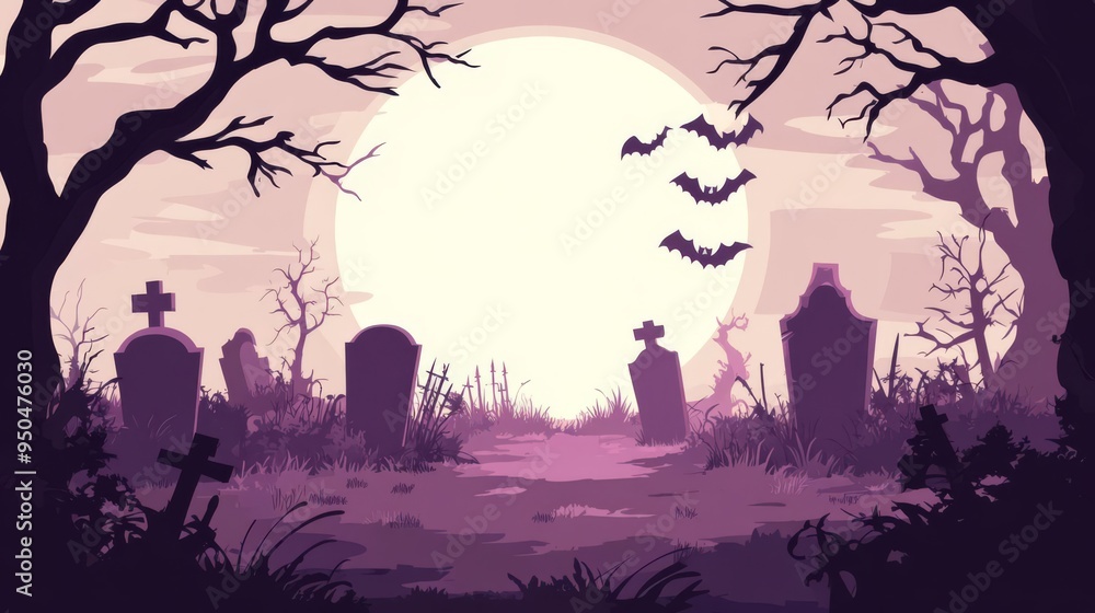 Fototapeta premium Spooky graveyard at night with full moon, bats, and barren trees, perfect for Halloween or horror-themed projects.