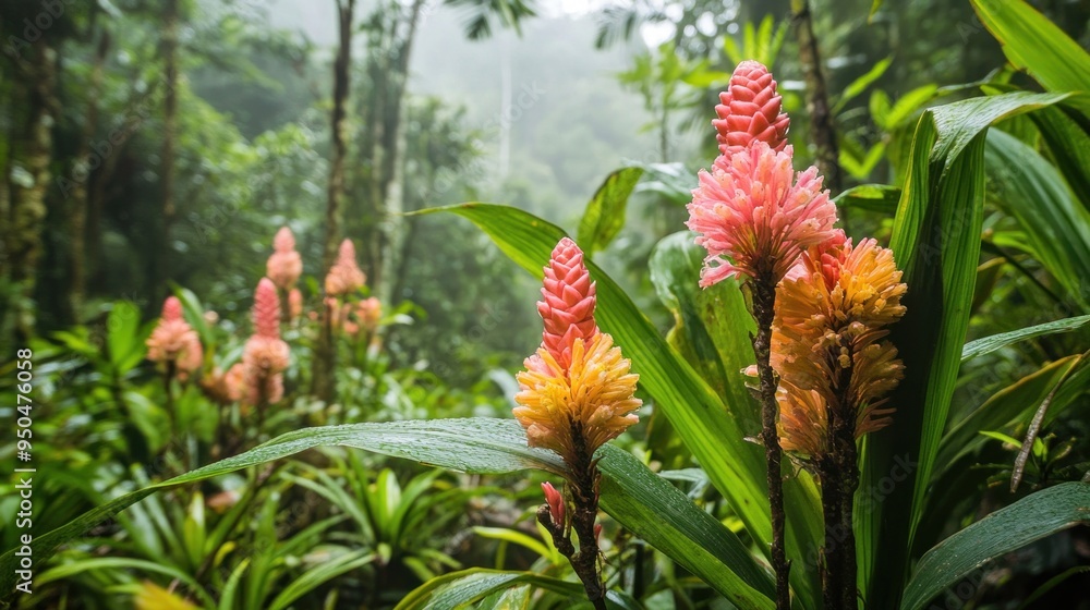 Pink and Yellow Ginger Flowers in a Lush Rainforest Pink and Yellow Ginger Flowers in a Lush Rainforest