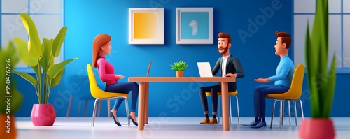 Cartoon characters in a modern office setting. photo