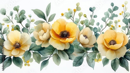 Fototapeta Naklejka Na Ścianę i Meble -  delicate botanicals watercolor bouquet of peonies leaves and branches in soft yellow and green hues elegant soothing composition on white