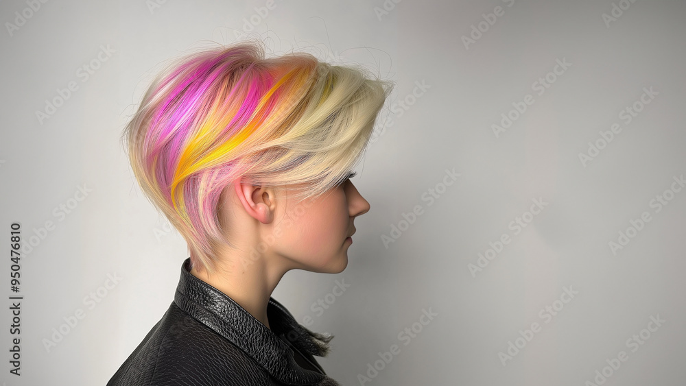 Porträt einer jungen blonden Frau mit regenbogenfarbenen Haarsträhnen. Fröhlicher Ausdruck, buntes Styling. Beauty, Jugendkultur, Individualität Porträt einer jungen blonden Frau mit regenbogenfarbenen Haarsträhnen. Fröhlicher Ausdruck, buntes Styling. Beauty, Jugendkultur, Individualität