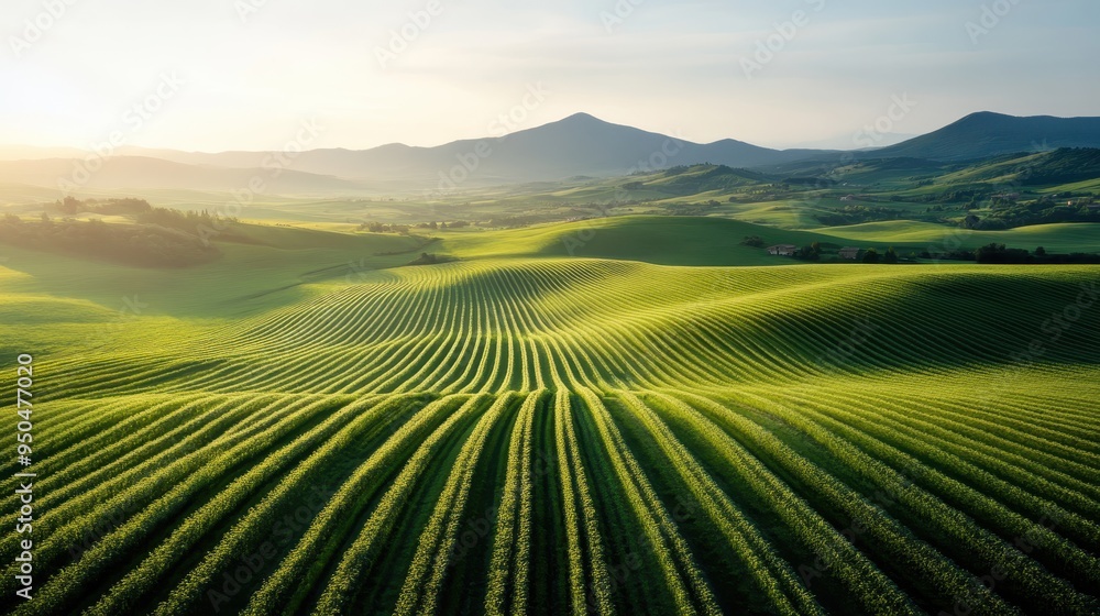 Green fields with neatly lined ridges stretch towards distant mountains under a clear sky, showcasing the harmonious blend of human cultivation and natural beauty. Green fields with neatly lined ridges stretch towards distant mountains under a clear sky, showcasing the harmonious blend of human cultivation and natural beauty.