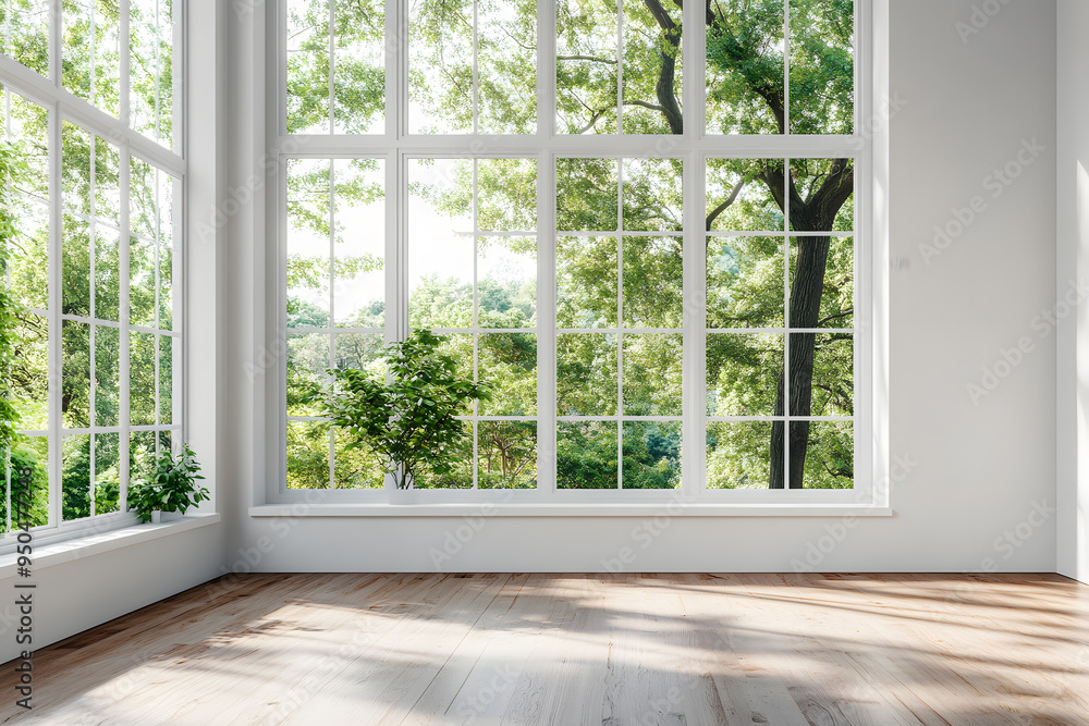 Fototapeta premium Empty High Ceiling Room with White Big Windows, Wooden Floor and White Walls interior design mock up