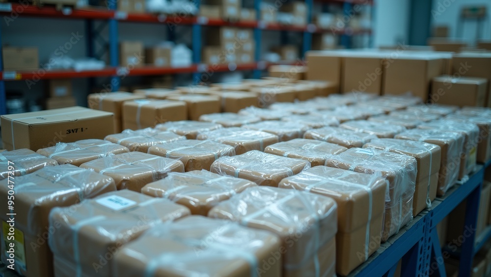 Fototapeta premium Precision Storage Rows of Sealed Containers in Warehouse