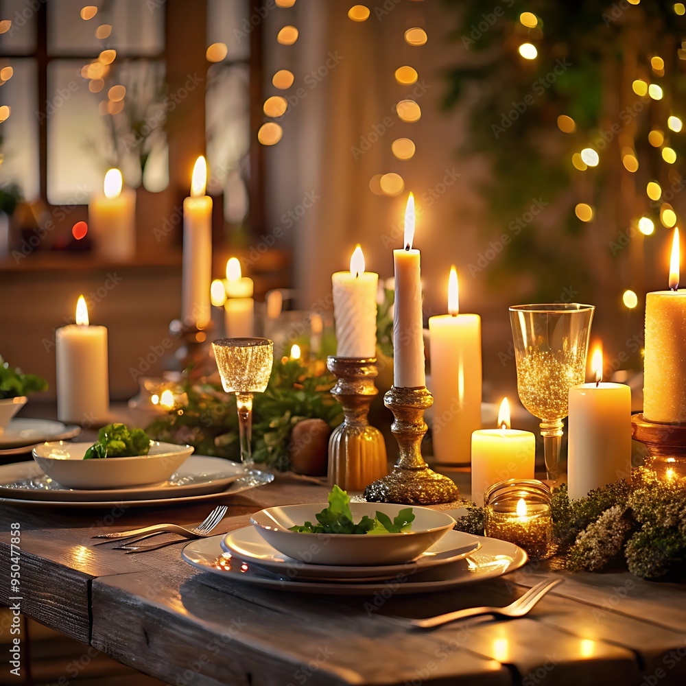 A Christmas dinning tables with decorations and lights A Christmas dinning tables with decorations and lights