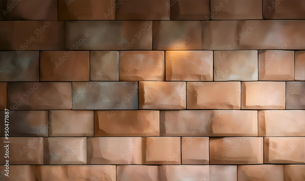 Obraz premium Textured brick wall made of warm-toned clay bricks in a modern interior space for design and home improvement ideas