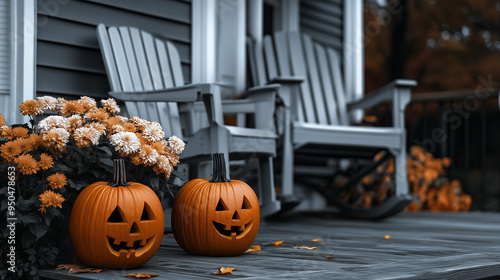 Halloweenowy przedni taras z charakterystycznymi dyniami Jack-o'-lantern o groźnych wyrazach na szarej i białej podłodze. photo