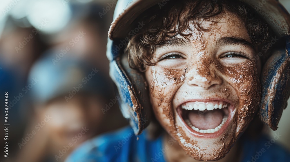 A joyful boy with a laughing face, covered in mud and wearing a baseball helmet, capturing the essence of youthful exuberance and fun during a lively and spirited game. A joyful boy with a laughing face, covered in mud and wearing a baseball helmet, capturing the essence of youthful exuberance and fun during a lively and spirited game.