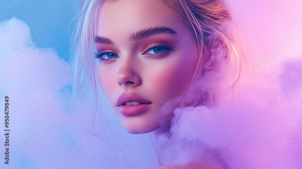Kobieta w stylizacji fashion otoczona chmurą dymu w odcieniach purpury i różu. Kobieta w stylizacji fashion otoczona chmurą dymu w odcieniach purpury i różu.