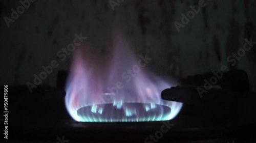 Blue gas flames on a dark surface.