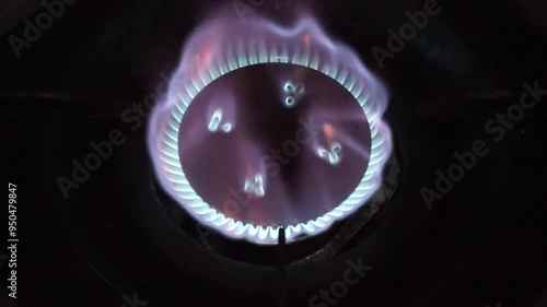 Blue gas flame burning on a stovetop.