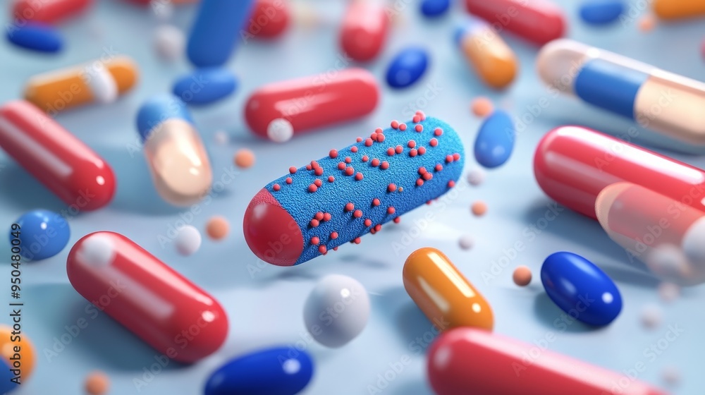 A blue and red capsule covered in small white spheres surrounded by various colored capsules on a blue background. A blue and red capsule covered in small white spheres surrounded by various colored capsules on a blue background.