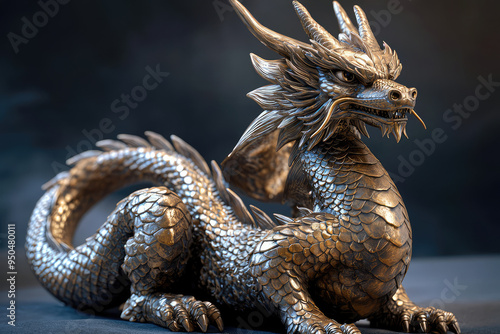 Intricate bronze dragon statue showcasing majestic details and fierce expression, evoking ancient myths and legends of power. photo