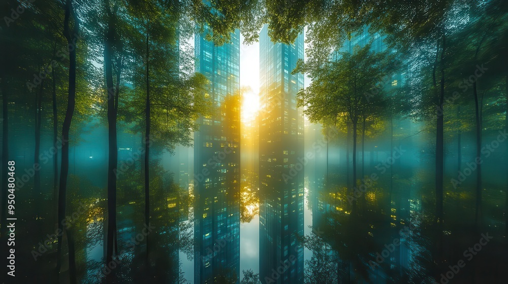 double exposure of lush forest and modern skyscrapers seamless blend of nature and urban landscape green city concept environmental harmony double exposure of lush forest and modern skyscrapers seamless blend of nature and urban landscape green city concept environmental harmony