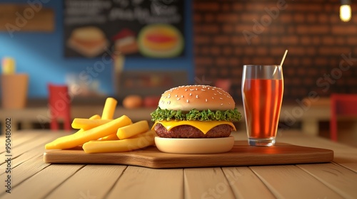 A delicious cheeseburger with french fries and a glass of soda on a wooden table in a restaurant. photo