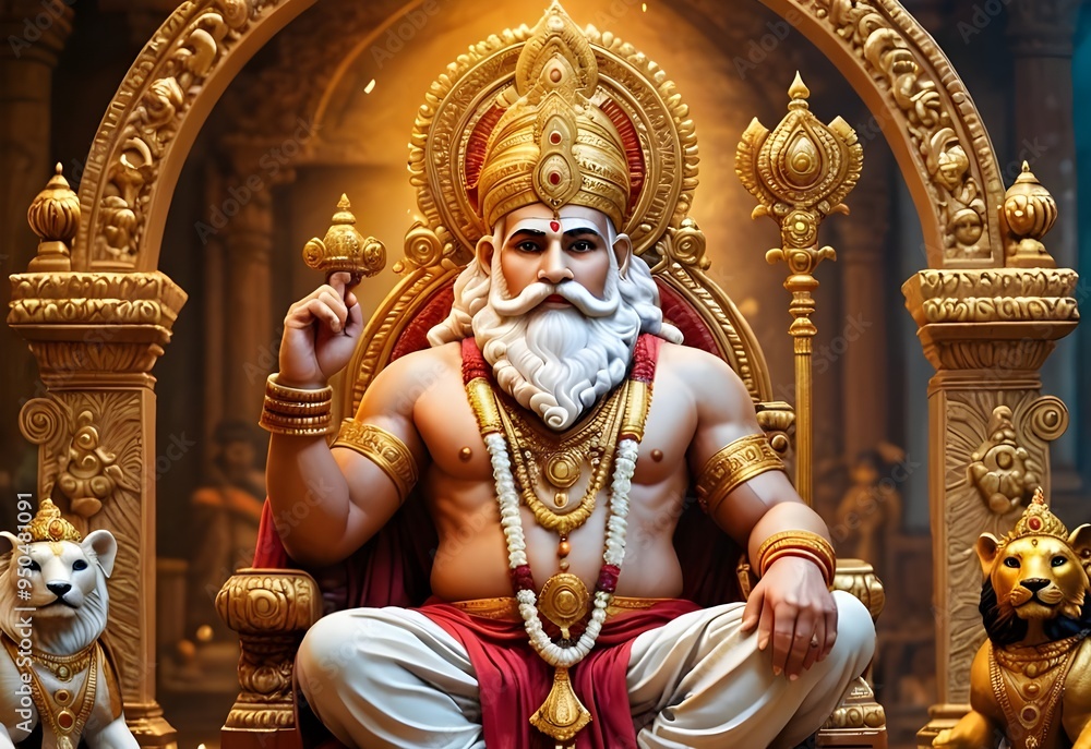 Fototapeta premium Golden Hindu Deity Statue with Lions